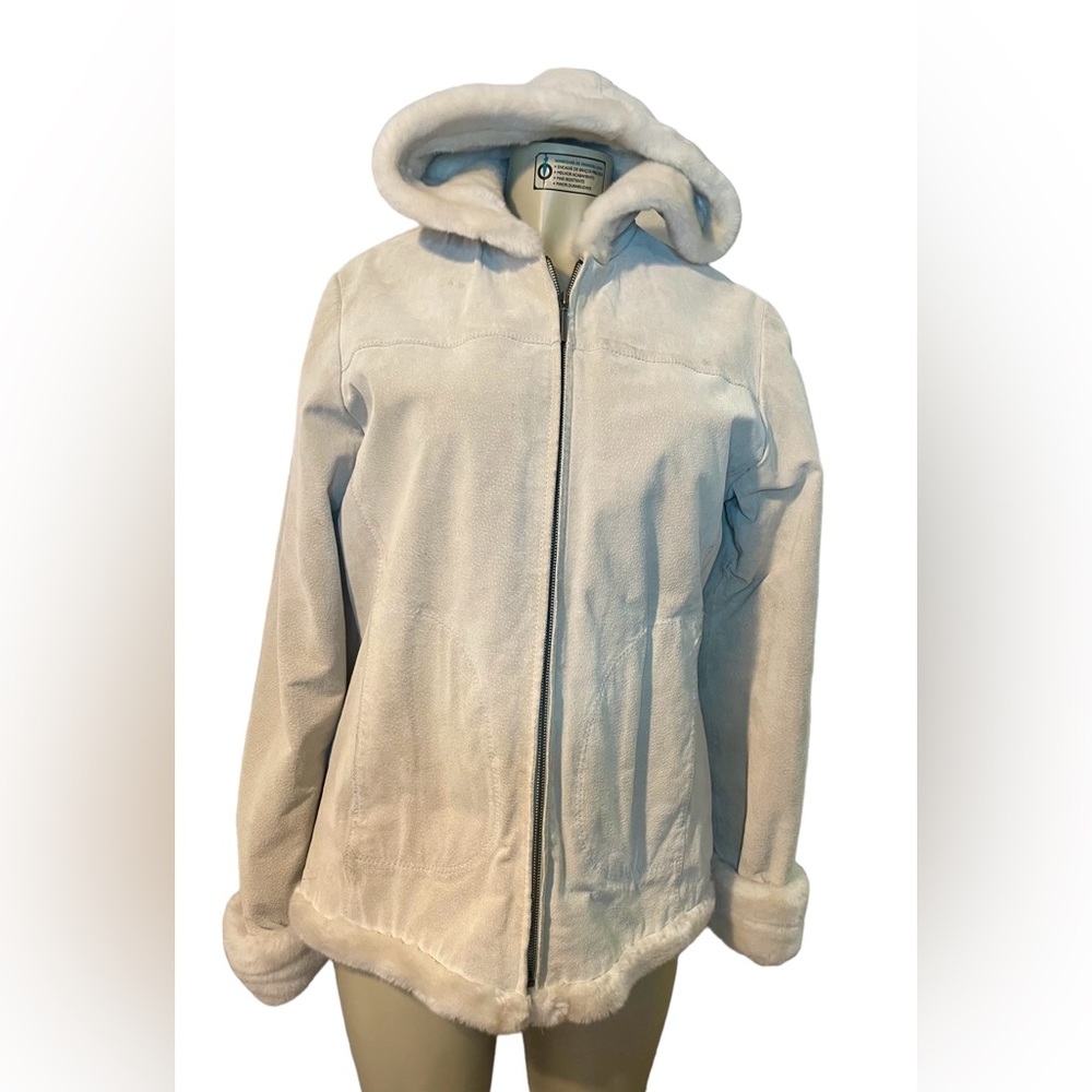 Boston Harbour Genuine Leather Coat Size Large Color Cream with Hood